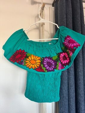 Embroidered Off-Shoulder Floral Top in Teal